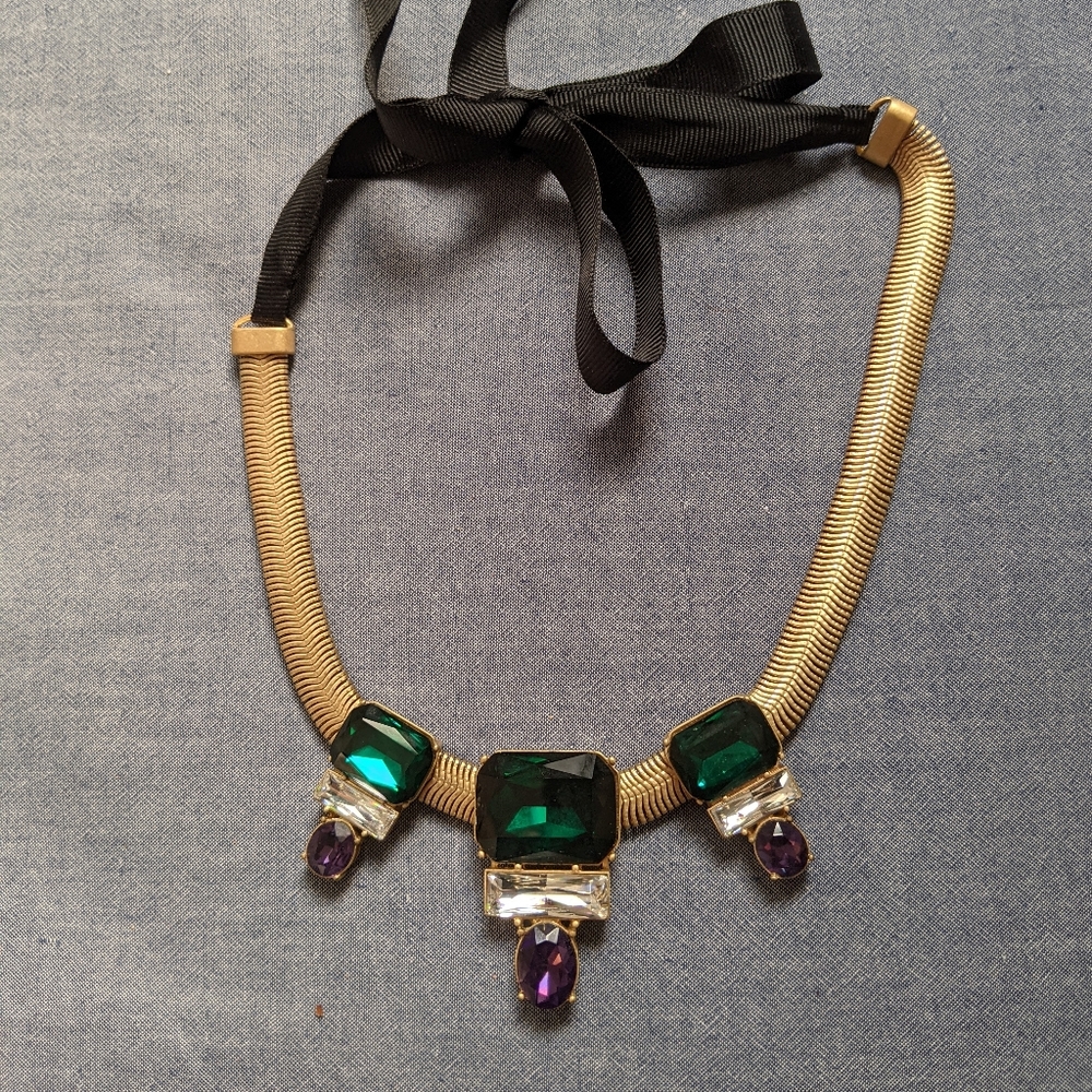 Club monaco jeweled gold necklace with ribbon tie